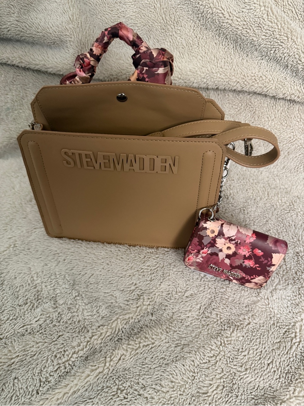 Steve Madden Taupe Satchel with Pink Floral Scarf and Charm